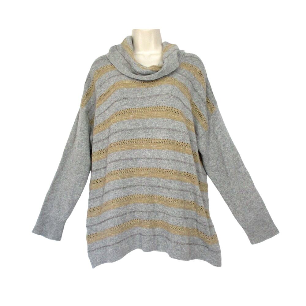 Coldwater Creek Sweater XL Wool Blend Striped Gray Gold Metallic Tunic Soft Knit